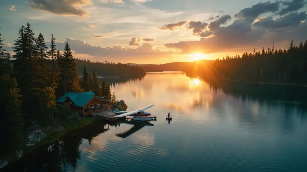 A serene aerial view of a remote Canadian lake surrounded by dense forests, with a floatplane parked near a rustic fishing lodge, and a lone angler casting for Northern Pike against a dramatic sunset sky