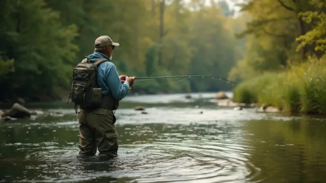 A serene river scene with a fisherman in waders, casting a fly rod, surrounded by lush greenery. A detailed close-up of a steelhead fly setup on the riverbank, showcasing the reel, line, and intricate fly pattern.