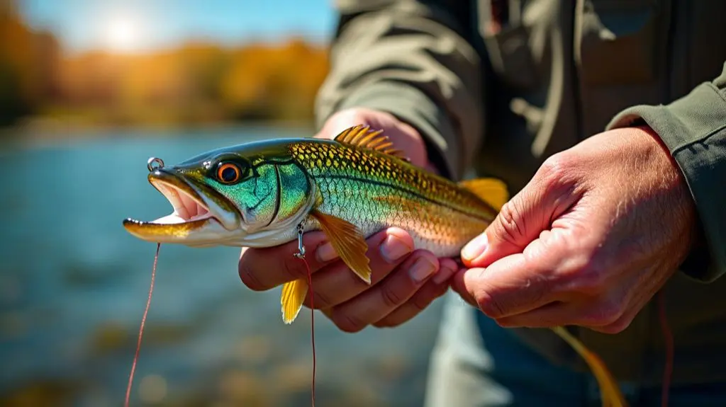 A high-resolution, close-up photograph of a pike fisherman's hands tying a strong, fluorocarbon leader to a pike lure, with a blurred forested lake background, emphasizing the importance of quality leaders in pike fishing.