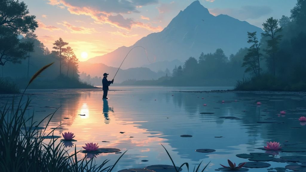 A serene lake at dawn with a single angler casting a carp fly, surrounded by lily pads and water lilies, with a few rising carp in the distance and a subtle ripple on the water's surface.