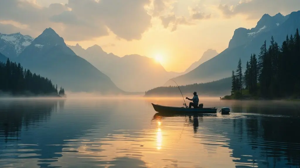 A serene lake at dawn, a fisherman in a boat casting a fly rod, majestic mountains in the background, a Northern Pike leaping from the water, and a close-up of a fly fishing lure in the foreground