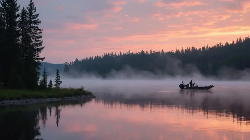 A serene Canadian lake at dawn, a fishing boat in the distance, with a guide and angler, pike breaching the calm water, evergreen trees lining the shore, mist rising under a pink and orange sky.