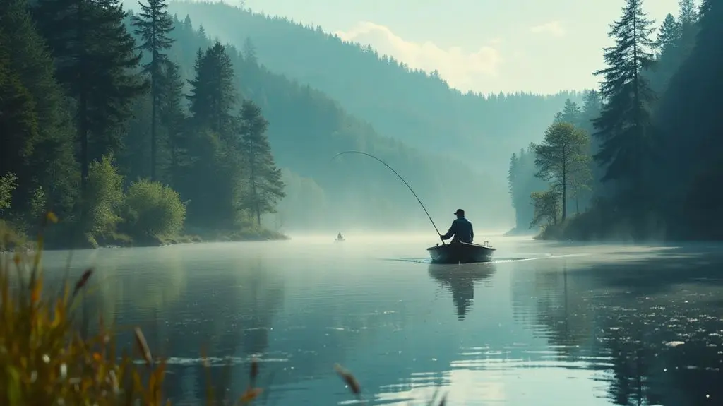 A serene lake surrounded by lush forests, with a fisherman in a boat practicing casting techniques, the line gracefully arcing through the air, a pike leaping from the water in pursuit of the fly, capturing the tranquility and mastery of pike fly fishing.