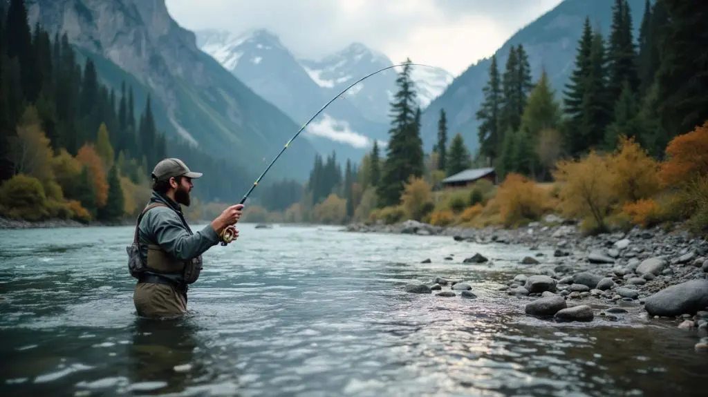 Serenely capture a fly fisherman in a river, gracefully casting a line against a backdrop of majestic mountains, lush forests, and a gentle mist, showcasing the elegance of a perfectly assembled steelhead fly fishing setup.