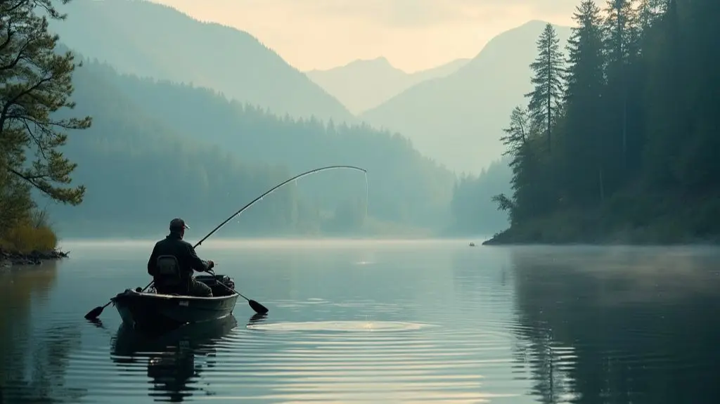 A serene lake at dawn, a fisherman in a boat, casting a fly rod, with a northern pike leaping from the water, showcasing the mastery of presentation techniques.