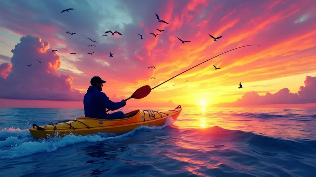 A serene ocean scene at dawn, an angler in an ocean kayak navigating through gentle swells and currents, with a fishing rod casting a line, seagulls flying overhead, and the horizon glowing with the first light of the rising sun