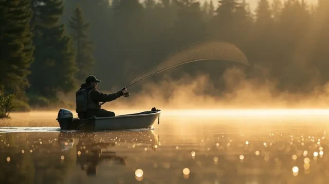 A serene lake at dawn, a fisherman in a boat casting a fly rod, a majestic northern pike leaping from the water, droplets glistening in the golden light, evergreen trees lining the shore, mist rising from the calm surface.