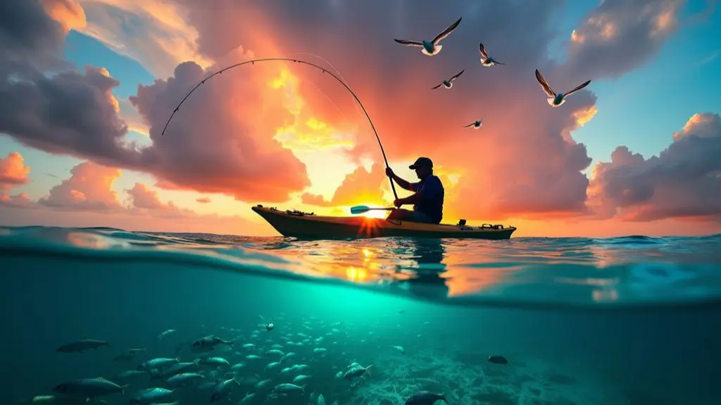 A solo kayaker on calm ocean waters, demonstrating a perfect casting technique, rod bent, line taut, against a dramatic sunrise sky, with seagulls circling above and a school of fish visible beneath the clear surface.