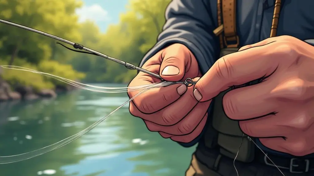 A close-up of a fly fisherman's hands tying a clear, tapered leader to a thin, sturdy tippet against a blurred river background, with a steelhead fly nearby, emphasizing the precision and importance of this setup for successful steelhead fishing.