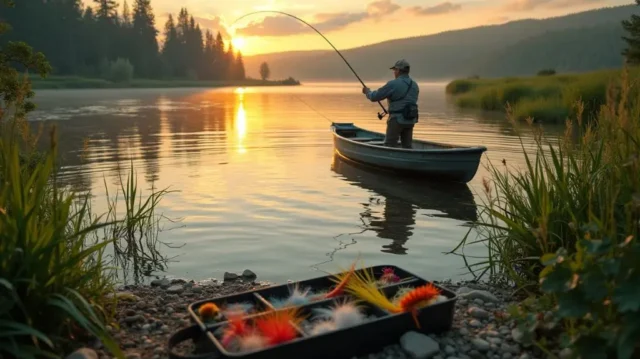 A serene lake at dawn, a fisherman in a boat casting a fly rod, a pike jumping out of the water, lush green vegetation along the shore, and a tackle box with colorful lures and flies.