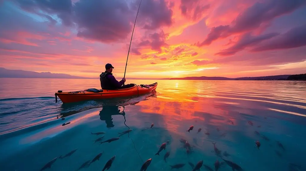 A serene ocean scene with a kayaker patiently waiting, camouflaged against the water's surface, surrounded by gentle waves and the first hints of dawn, exemplifying the stealth and patience required for successful kayak fishing. 