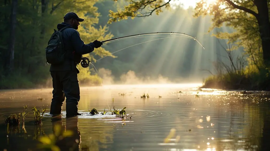 A serene river scene with a fisherman casting a fly rod, targeting lurking northern pike. Sun rays pierce through trees, illuminating the water's surface, revealing underwater structures and weed beds, crucial for reading pike habitat