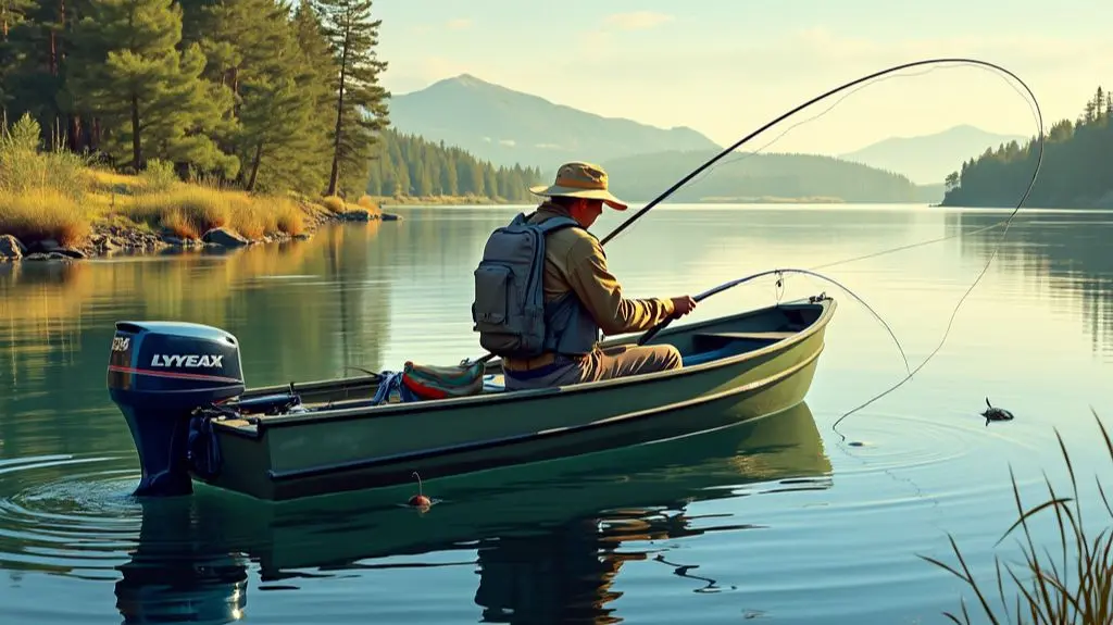 A vibrant, detailed illustration showing a fly fisherman in a boat on a serene lake, demonstrating various fly retrieval techniques, with a large northern pike leaping out of the water, chasing the fly