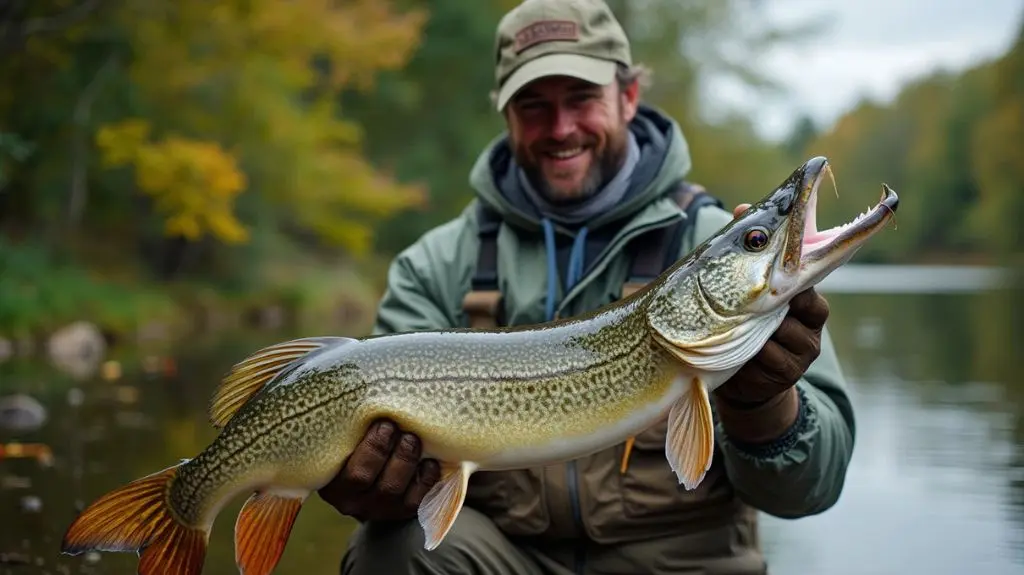 an image showing a fisherman in waders holding a large pike, demonstrating proper handling techniques near a serene lake surrounded by lush greenery, highlighting safety gear like pliers and gloves. 