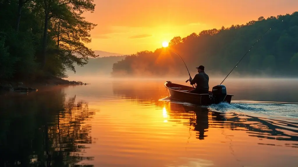 an image showing a serene lake at dawn, with a fisherman casting his line from a boat, surrounded by lush greenery and a misty backdrop, capturing the essence of an ideal bass fishing moment in early summer.