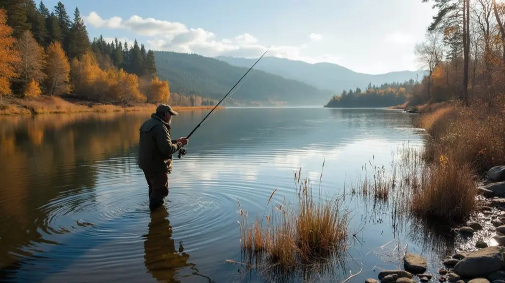 A serene lake at dawn, a fly fisherman casting towards submerged weeds, a large northern pike striking the fly, detailed close-up of the pike's scales and eyes, autumn foliage on distant shoreline trees.