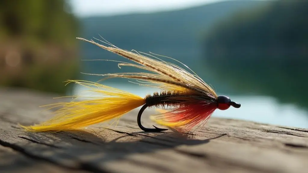 A close-up of a fly fishing lure, vibrant colors and intricate details, resting on a weathered wooden table, with a blurred forested lake shore background, capturing the essence of Northern Pike fly selection.