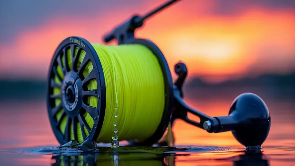 A close-up of a fishing reel with high-quality pike fishing line, set against a blurred background of a serene lake at dawn, emphasizing the line's strength and durability. 