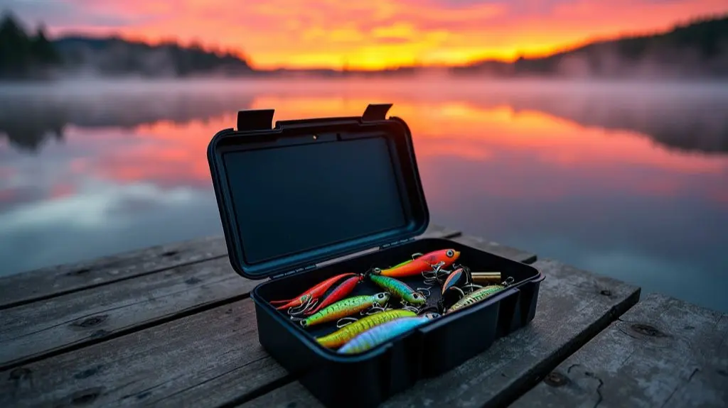 an image showing a tackle box with compartments filled with pike fishing lures, hooks, and tools, set on a wooden dock overlooking a serene lake at dawn, capturing the essence of organized and prepared fishing.