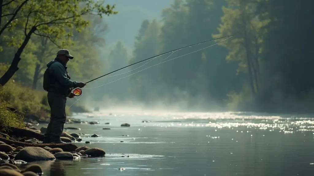 A fly fishing scene on a misty river, with a fisherman casting a vibrant streamer into the water, surrounded by lush greenery and fallen logs, a steelhead trout visible underwater eyeing the fly.