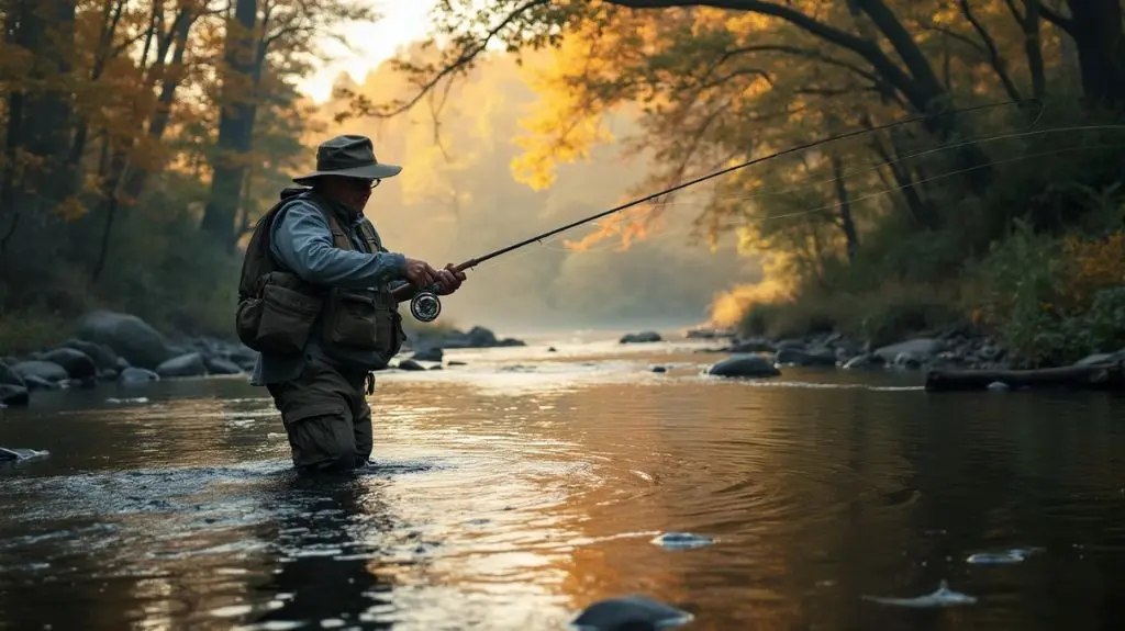 A serene river scene with a fly fisherman casting, surrounded by various fly lines in different colors and weights, floating gracefully in the air, showcasing the diversity and importance of fly line options in building the ultimate steelhead fly fishing setup