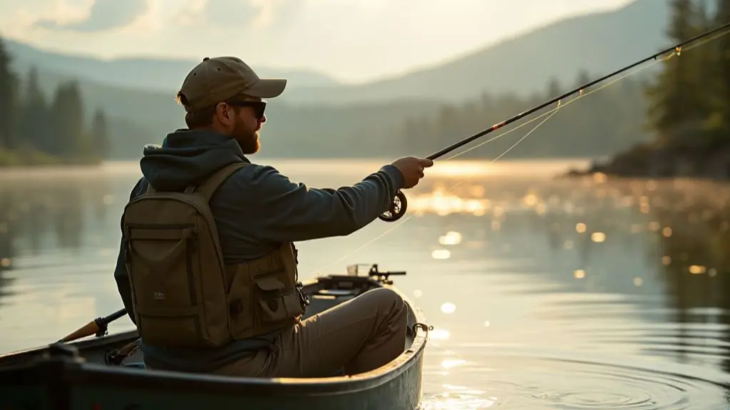 A serene lake, a fisherman in a boat holding a fly rod, wearing sunglasses reflecting the water. 