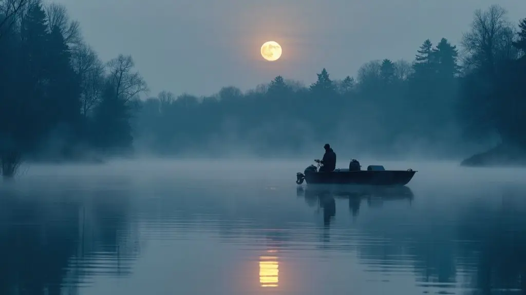 A serene lake at dawn, with a full moon setting in a clear sky. A silhouetted fisherman casts his line from a bass boat, surrounded by wisps of morning mist rising from the calm water, capturing the perfect moment for bass fishing. 