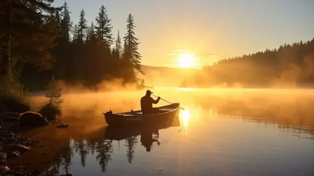 Golden sunrise over a serene Canadian lake, with a fisherman in a boat reeling in a large pike, mist rising from the water, dense forest in the background, and a beaver lodge on the shoreline.