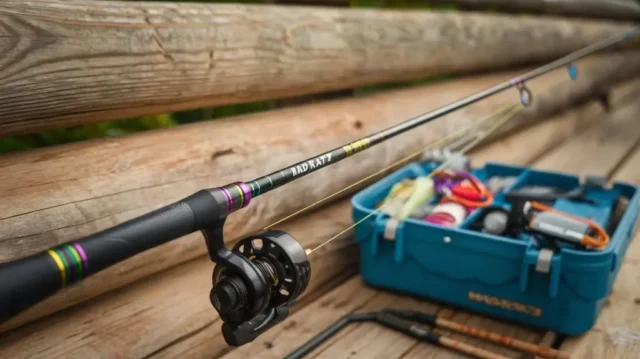 Mad Katz fishing rod with tackle gear on a wooden background, highlighting the sleek and durable design.