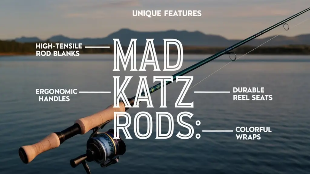 Infographic of Mad Katz rods highlighting features such as high-tensile blanks, ergonomic handles, and colorful wraps.