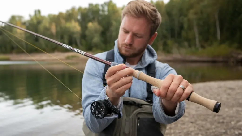 Angler by the water holding a Mad Katz rod, examining its balance and grip to choose the right model.