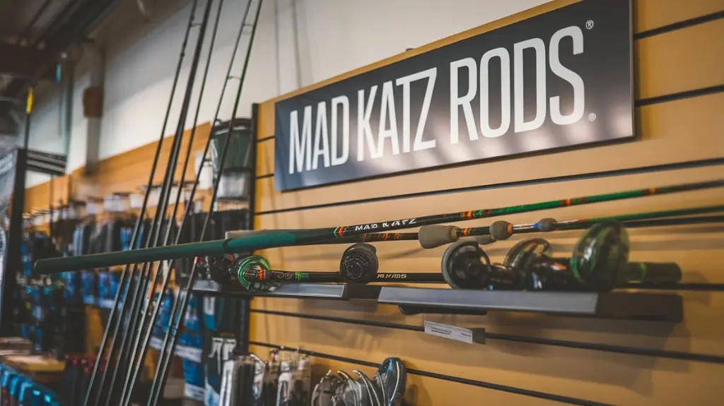 Mad Katz rods displayed on a store shelf and on a computer screen for online shopping options.