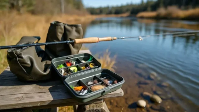 A pristine riverbank at dawn, with a fishing rod, reel, waders, and a tackle box containing lures and flies, all arranged on a rustic wooden bench, ready for a day of salmon fishing.