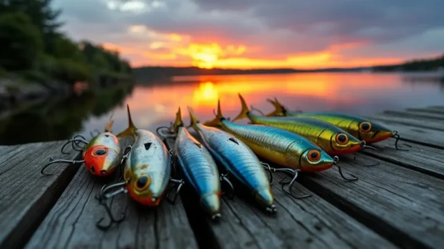 An array of colorful tuna fishing lures arranged on a weathered wooden dock, with reflections in the calm water below, and a vibrant sunset sky in the background.