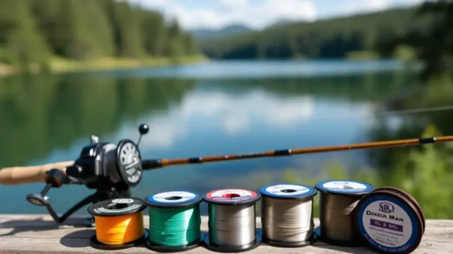 A scenic lake at dawn, with a fishing rod and reel in the foreground. Various fishing line weights are displayed, from thin to thick, in different colors. A bass fish jumps out of the water in the background.