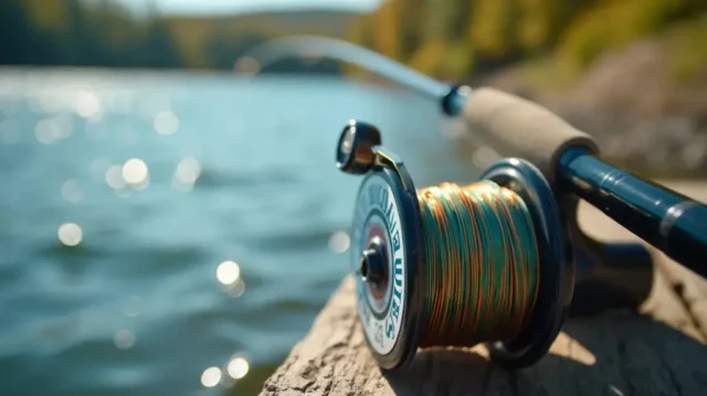 A serene lake at dawn, a fishing rod bent with a catch, shimmering walleye leaping from the water, a close-up on a spool of high-quality fishing line glinting in the sunlight.