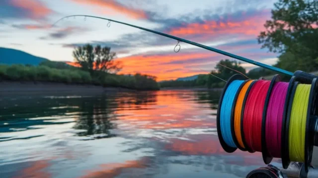 A serene river scene with a fishing rod casting a line, the water reflecting the vibrant colors of a sunrise. In the foreground, an assortment of multicolored fishing lines spooled neatly, ready for testing