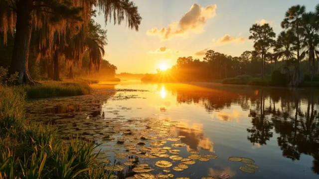 Golden sunrise over a serene Florida lake, lush vegetation along the shoreline, a large-mouth bass leaping out of the water, water ripples, lily pads, and cypress trees reflected in the calm water