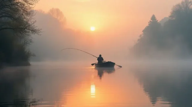 A serene lake at dawn, mist rising from the water's surface, with a silhouetted fisherman casting his line from a boat, the sky painted in soft hues of orange and pink