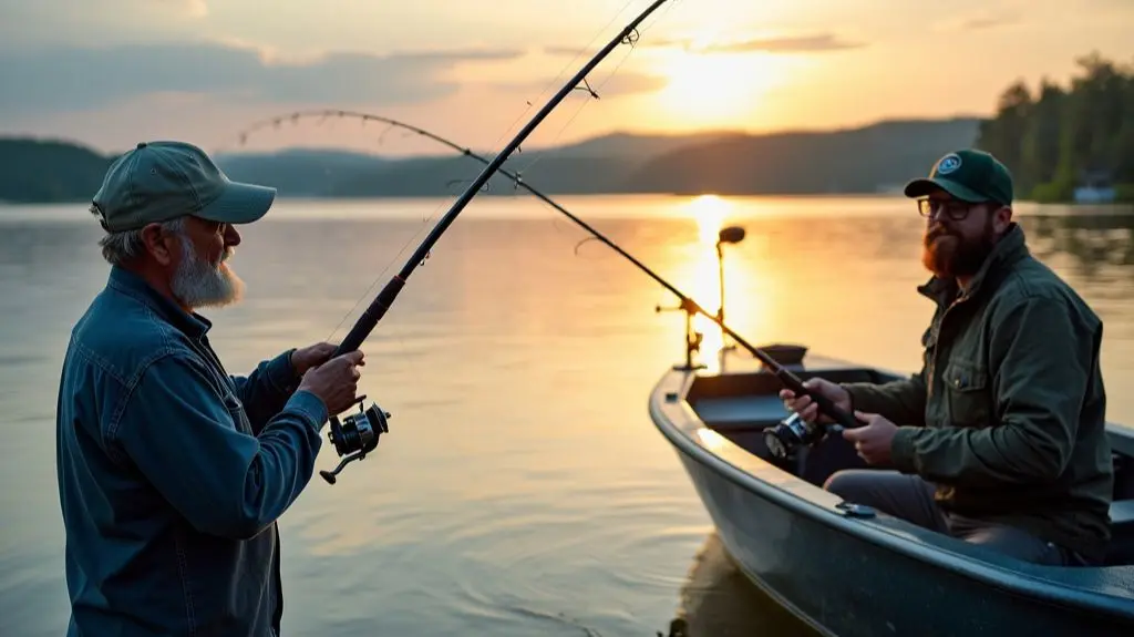 A serene fishing scene: a fisherman casting a trolling rod from a boat, alongside another using a different type of casting rod, highlighting their distinct features, set against a backdrop of a tranquil lake at dawn.