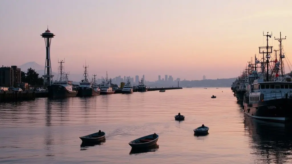 A serene Seattle harbor at dawn, fishing boats gently bobbing, a majestic halibut breaching the water's surface, with a distant view of the city skyline and Space Needle against a soft, pink sunrise sky