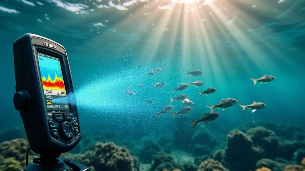 A vibrant underwater scene with a fish finder device emitting sonar waves, revealing a school of fish. The device's screen shows the fish as arches. Nearby, a boat with a fisherman looking at the device. 