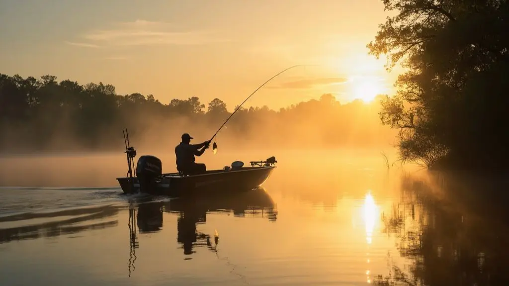 Serenely depict a misty Florida lake in early summer, capturing the golden hour. A fisherman in a bass boat, cast in silhouette, reels in a largemouth bass, the water rippling with the promise of a new season's bounty