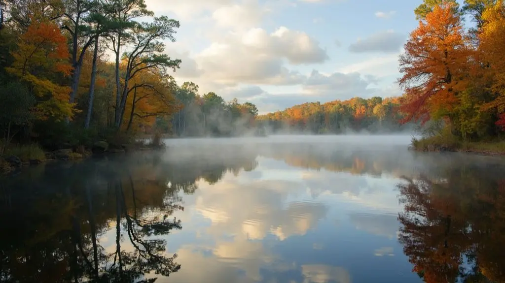 an image depicting a serene Florida lake at dawn, water rippling with actively feeding bass, autumn foliage reflected on the surface, fishing rod bent with a catch, and mist rising in the cool morning air