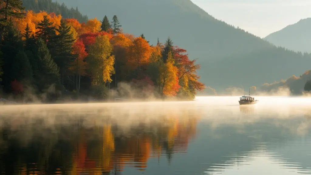 A serene lake at dawn, vibrant autumn foliage mirrored on the calm water, a fishing boat in the distance, mist rising from the surface, and a largemouth bass leaping out of the water