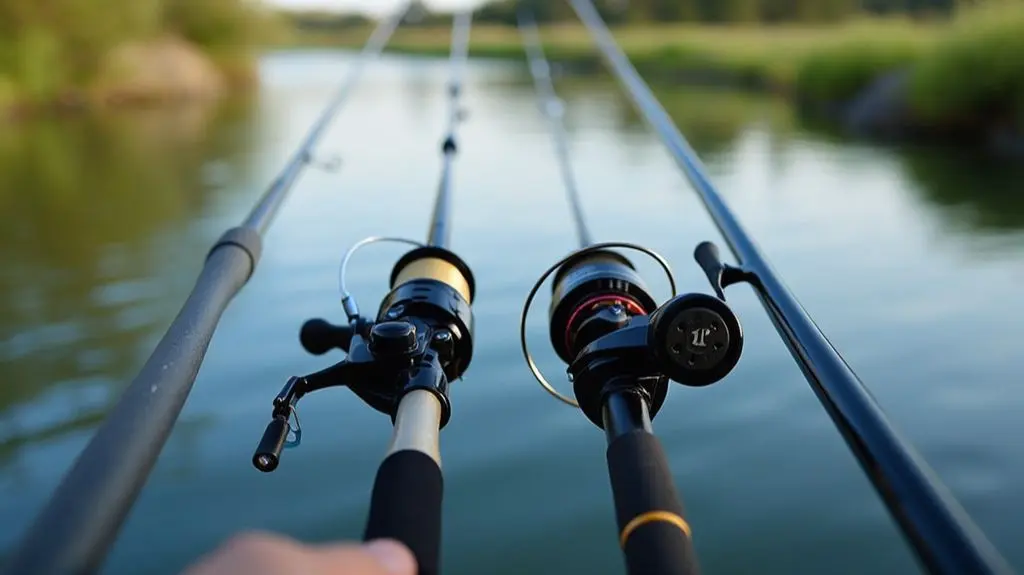 an image of a fly fishing rod and a trolling rod side by side, highlighting their distinct features such as length, flexibility, reel type, and line guides, set against a serene fishing backdrop