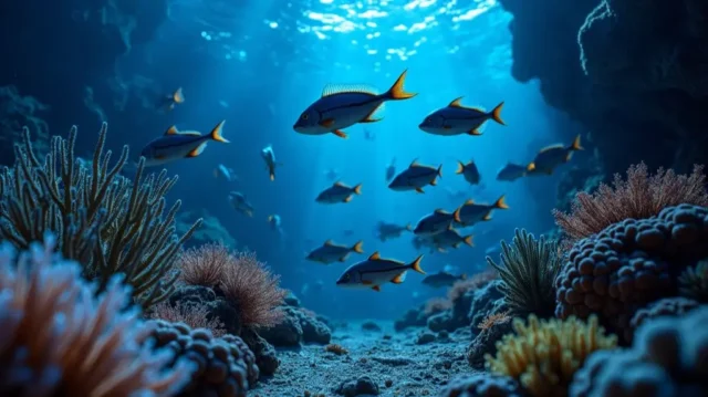 Underwater scene with a school of fish, each glowing with intricate circuits and LED lights, illuminating the dark depths. Surrounding coral and plants faintly reflect the bioluminescence, creating an ethereal atmosphere.