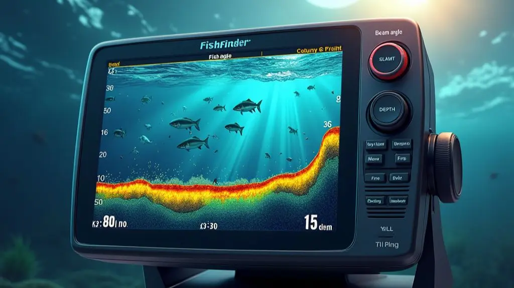 A digital illustration showing a fish finder screen displaying a vibrant underwater landscape with fish arches, bottom structure, and water column details. Include a beam angle and depth markers. The image should have a high-tech, futuristic aesthetic