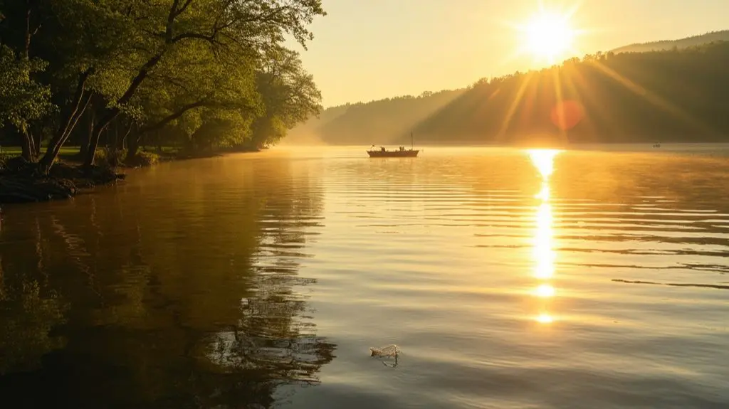 Golden late afternoon sunlight casting long shadows on a tranquil lake, with a lone fishing boat in the distance, a bass jumping out of the water, and lush green trees lining the shoreline.