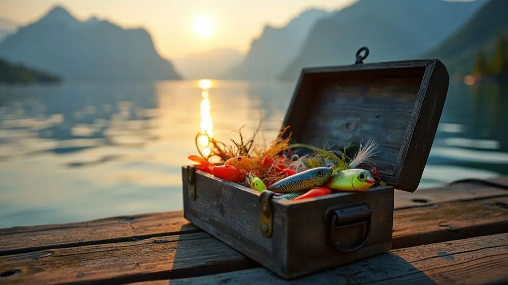 A worn wooden tackle box filled with colorful lures and baits, resting on a dock with shimmering water and fjords in the background, capturing the golden glow of dawn light. 